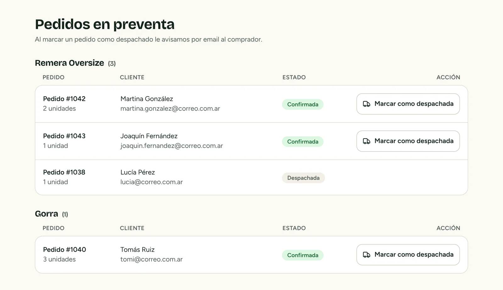 Panel de Prevendé en la compu: lista de pedidos en preventa con su estado y el botón para marcarlos como despachados.
